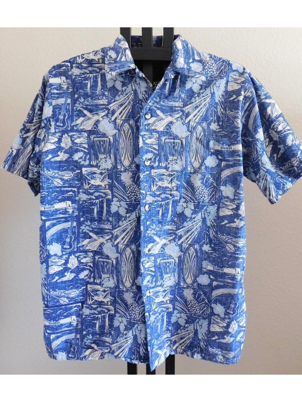 Go Barefoot Hawaiian Shirt Men's L Tall Blue White Surf Uke Print Made in USA